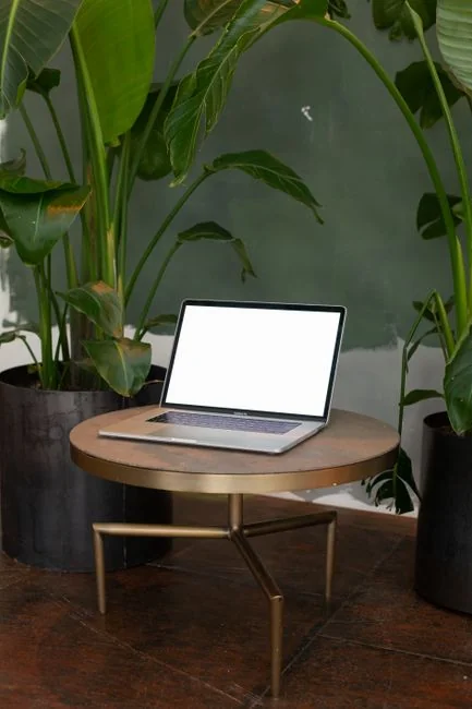 Portable computer with website representing assorted abstract photos under favorites and browser search engine with magnifier symbol